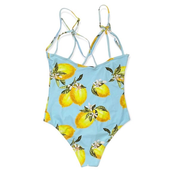 Lemon Print One-Piece Swimsuit Small Like New Blue Yellow Green - Picture 6 of 16